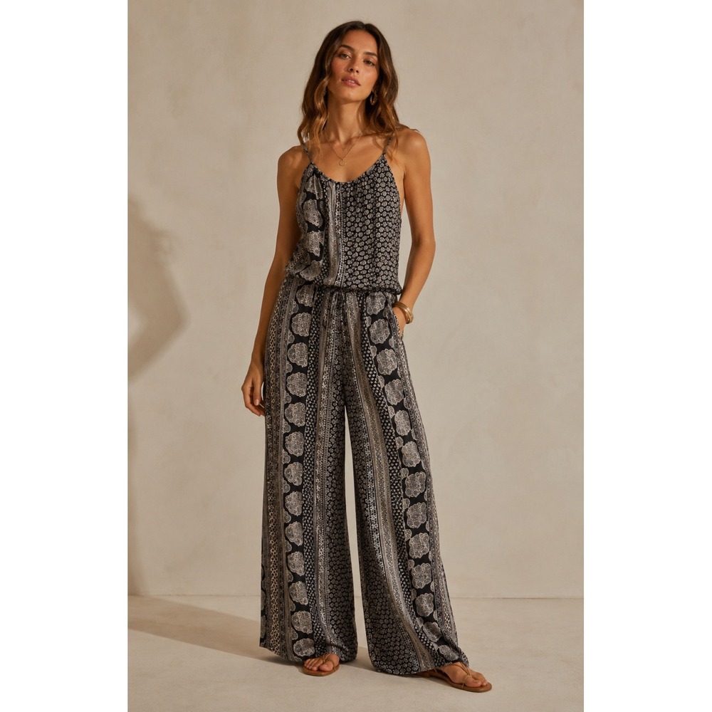 Elan Jumpsuit Womens L Black White Paisley Boho Flowy Wide Leg Palazzo Beach